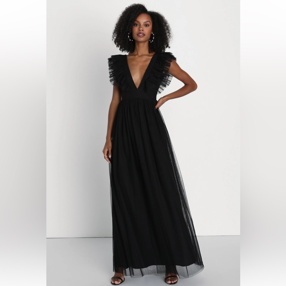 Lulus Black Mesh Ruffled Backless Maxi Dress